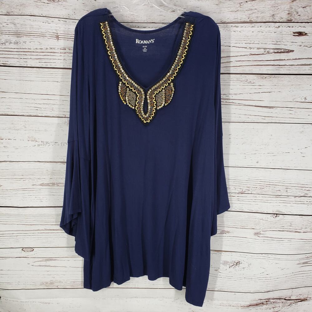 ROAMAN'S  Women's Navy Blue Beaded Front Bell Sleeve Top Blouse Size 1X